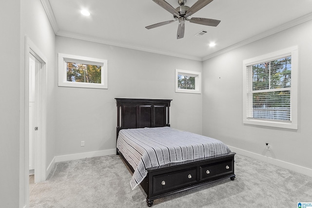 bedroom with recessed lighting, carpet floors, visible vents, baseboards, and crown molding