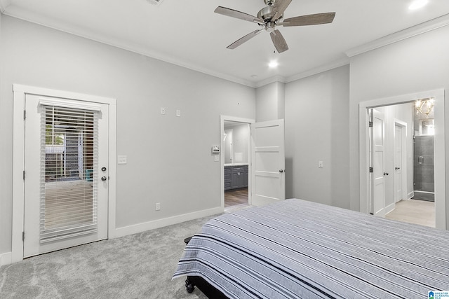 bedroom featuring ensuite bathroom, light carpet, baseboards, access to exterior, and ornamental molding