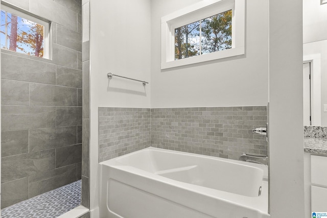 full bath featuring a garden tub, a walk in shower, and vanity