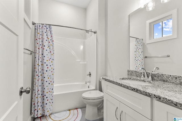 full bath with toilet, shower / bathtub combination with curtain, and vanity