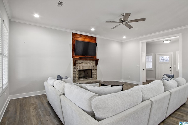 living area featuring baseboards, visible vents, dark wood-style floors, ornamental molding, and a fireplace