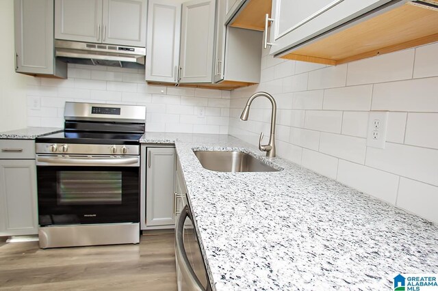 kitchen featuring sink, stainless steel appliances, backsplash, gray cabinets, and light wood-type flooring