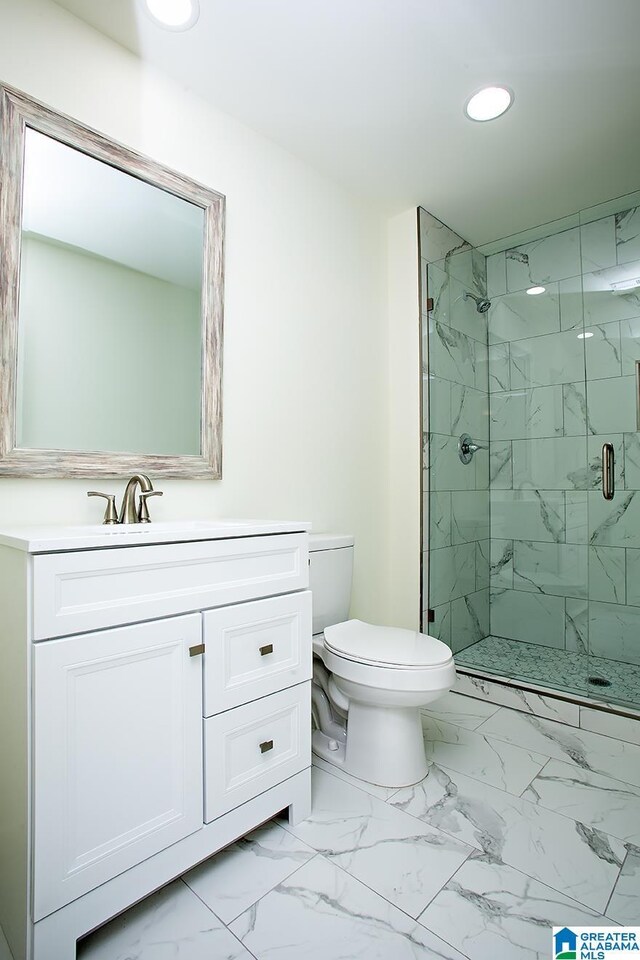 bathroom with vanity, toilet, and walk in shower