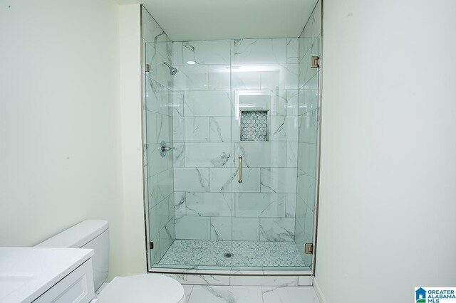 bathroom with vanity, toilet, and an enclosed shower