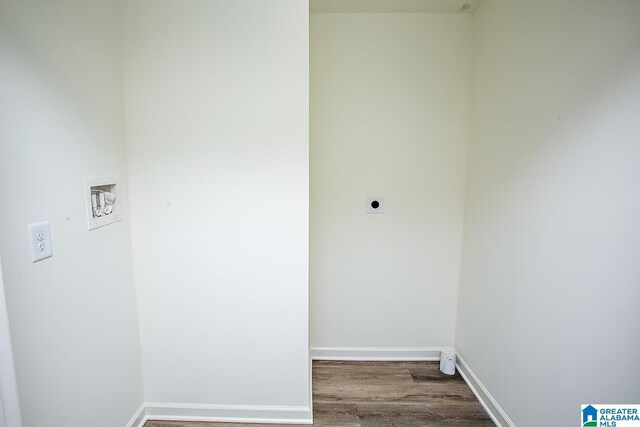 laundry area with electric dryer hookup, hookup for a washing machine, and hardwood / wood-style flooring