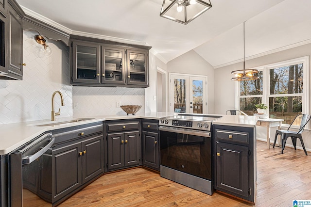 kitchen featuring sink, hanging light fixtures, a chandelier, appliances with stainless steel finishes, and light wood-type flooring