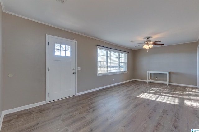 entrance foyer with light wood-type flooring, ceiling fan, and crown molding