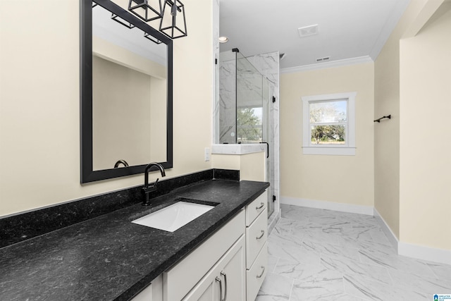 bathroom featuring vanity, a shower with shower door, and ornamental molding