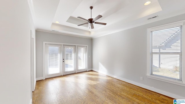 spare room with a tray ceiling, a healthy amount of sunlight, and light hardwood / wood-style floors