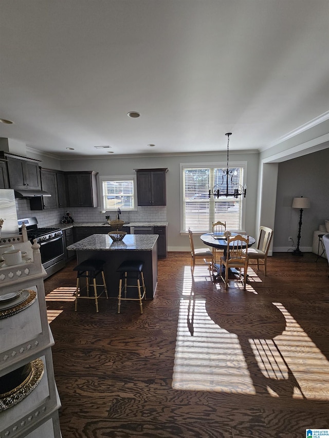 kitchen with gas stove, stone counters, plenty of natural light, and a kitchen island