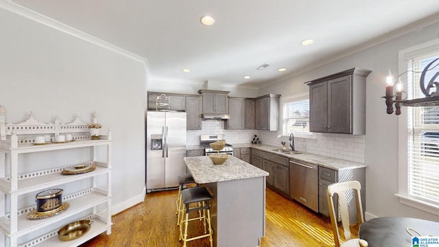 kitchen with plenty of natural light, a kitchen island, stainless steel appliances, and light hardwood / wood-style flooring