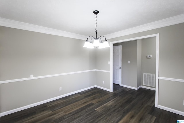 interior space featuring ornamental molding, dark hardwood / wood-style floors, and a notable chandelier