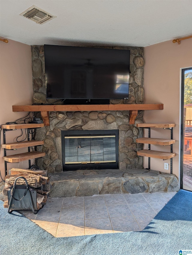 details with a fireplace and carpet floors