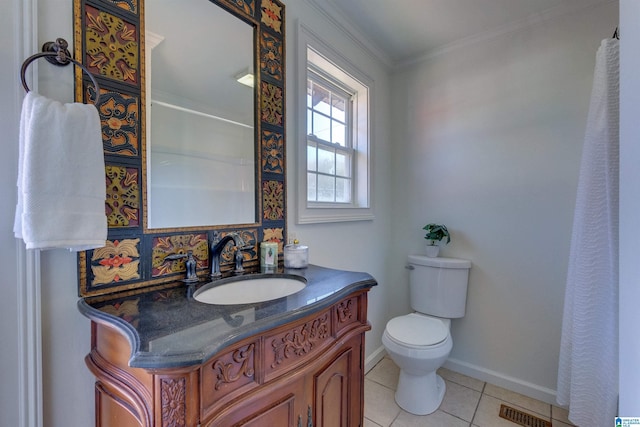 bathroom featuring vanity, tile patterned floors, a shower with shower curtain, toilet, and ornamental molding