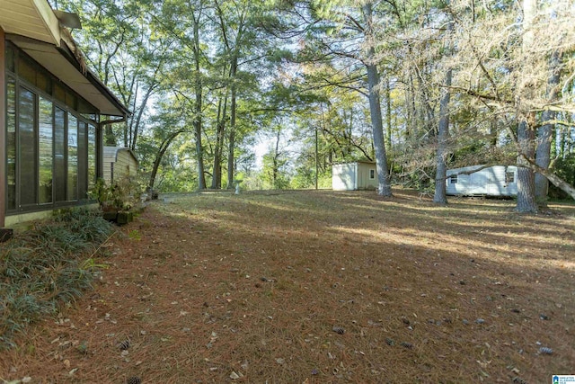 view of yard featuring a shed