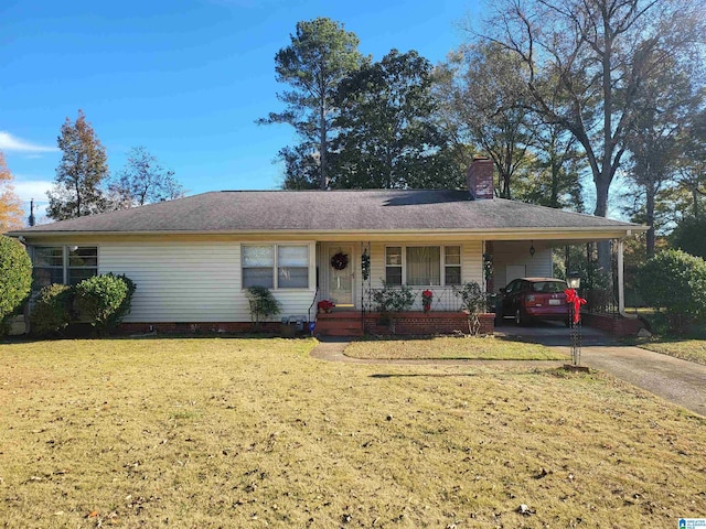 ranch-style house with covered porch, a front lawn, and a carport