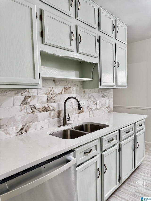 kitchen with stainless steel dishwasher, backsplash, and sink