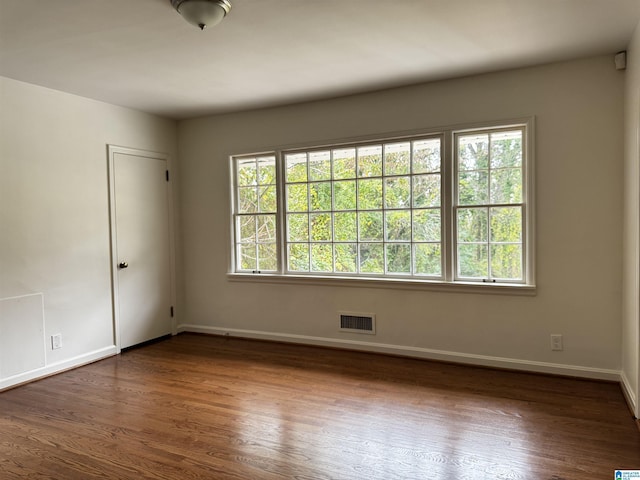 spare room featuring plenty of natural light and dark hardwood / wood-style flooring