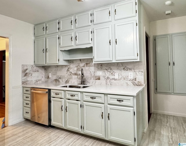 kitchen with sink, stainless steel dishwasher, decorative backsplash, light wood-type flooring, and white cabinetry