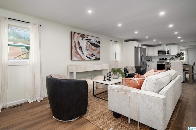 living room featuring dark wood-type flooring