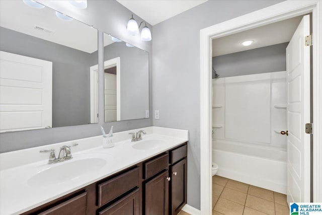 full bathroom featuring tile patterned floors, vanity, toilet, and shower / washtub combination