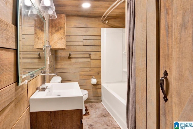 full bathroom featuring wood walls, shower / bath combination, toilet, vanity, and wood ceiling