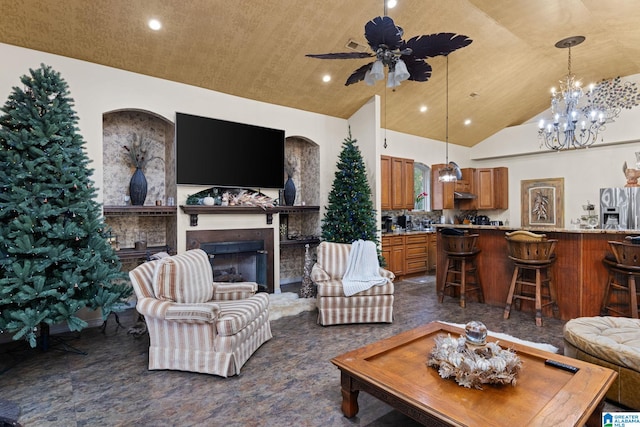 living room with high vaulted ceiling and ceiling fan