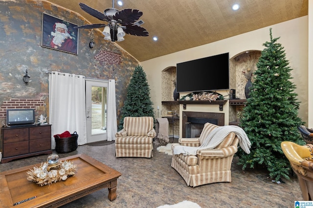 living room with ceiling fan and lofted ceiling