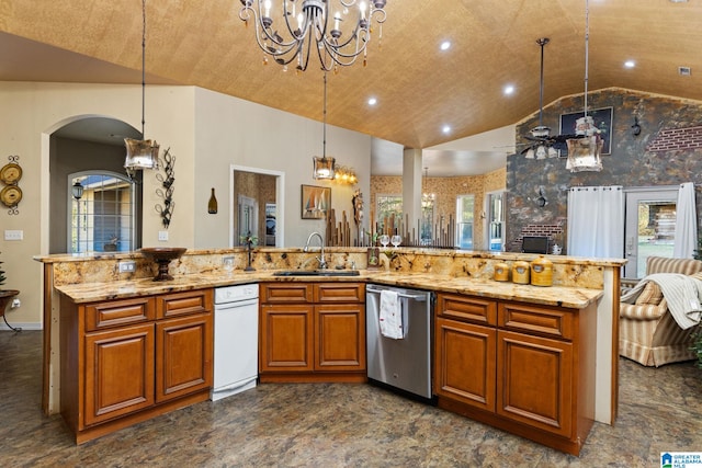 kitchen featuring lofted ceiling, sink, hanging light fixtures, stainless steel dishwasher, and a notable chandelier