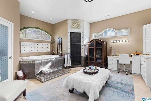 tiled bedroom with multiple windows