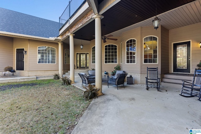 view of patio / terrace featuring an outdoor living space and ceiling fan