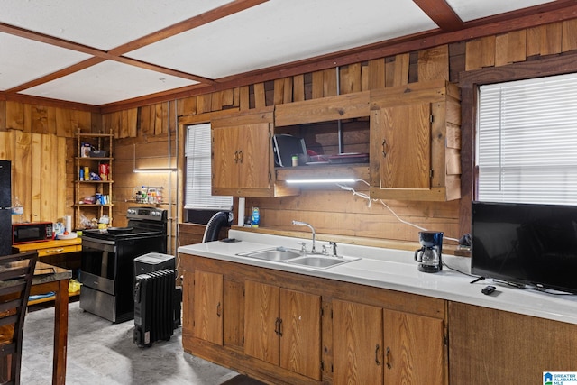 kitchen featuring black appliances, sink, and wooden walls