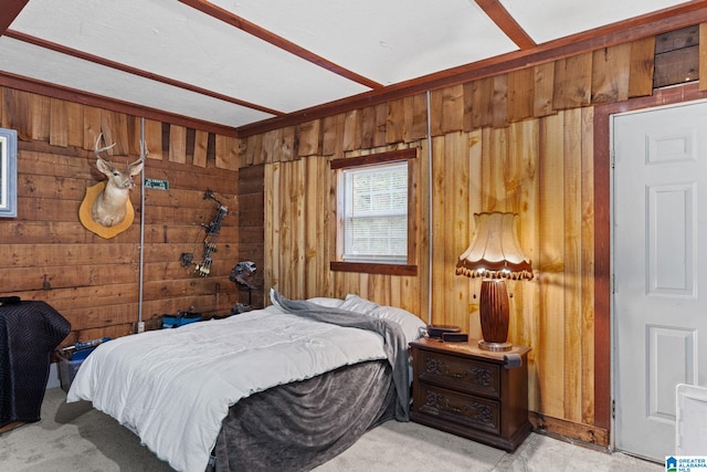 bedroom featuring wood walls