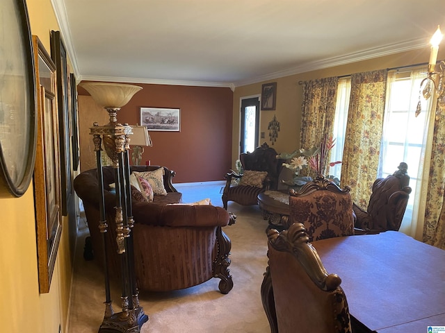 carpeted living room featuring crown molding