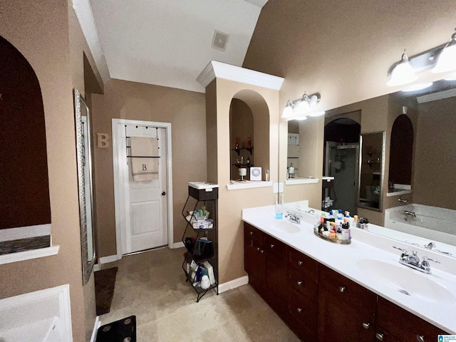 bathroom with plus walk in shower and vanity