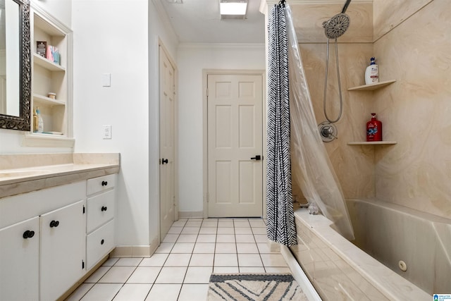 bathroom featuring tile patterned floors, crown molding, shower / tub combo with curtain, and vanity