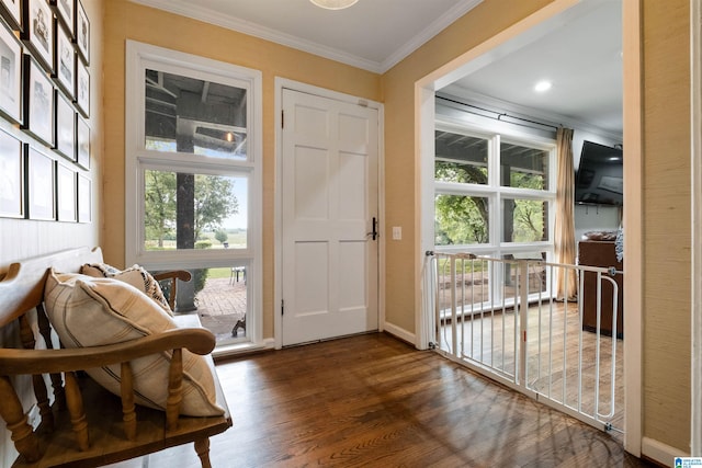 entryway with a healthy amount of sunlight, dark wood-type flooring, and ornamental molding