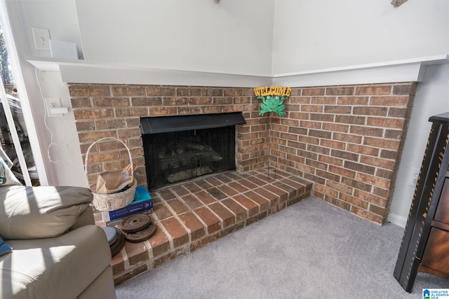 room details with carpet flooring and a brick fireplace