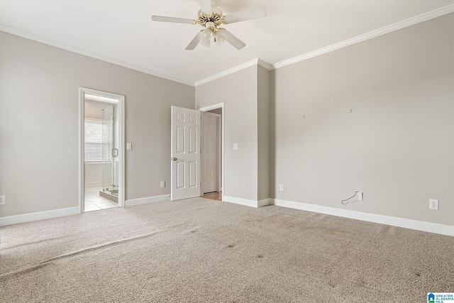 unfurnished bedroom with ceiling fan, light colored carpet, and ornamental molding