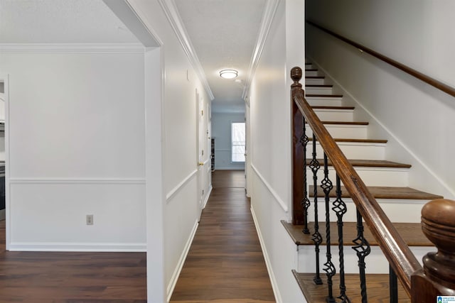 corridor featuring dark hardwood / wood-style flooring and ornamental molding