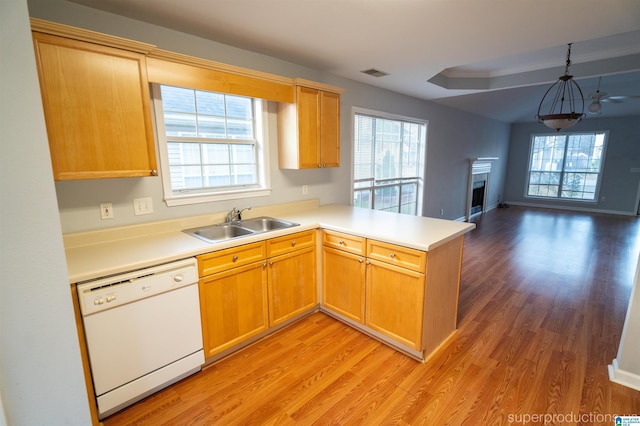 kitchen with kitchen peninsula, dishwasher, plenty of natural light, and light wood-type flooring