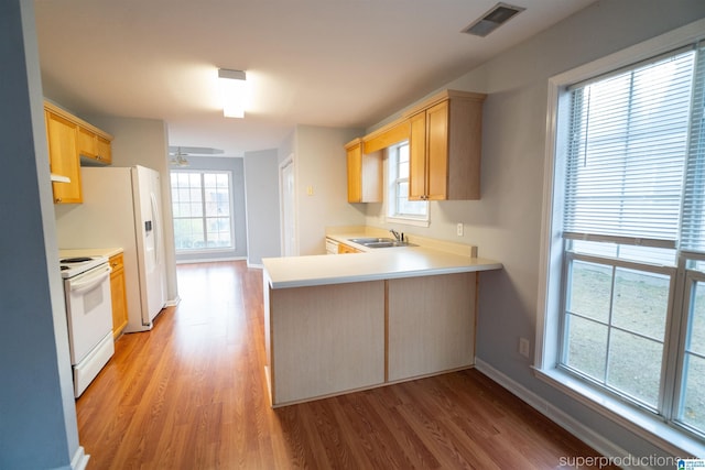 kitchen featuring light brown cabinets, sink, white electric stove, light wood-type flooring, and kitchen peninsula