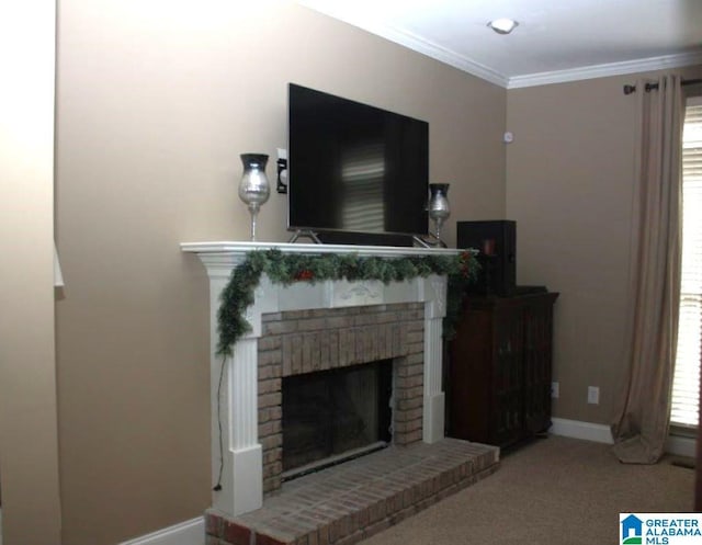 living room with carpet flooring, ornamental molding, and a brick fireplace