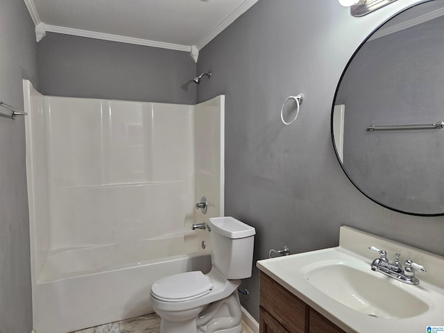 full bathroom with vanity, toilet, shower / washtub combination, and ornamental molding