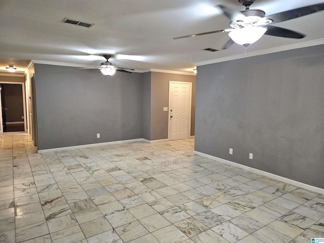 spare room featuring ceiling fan and ornamental molding