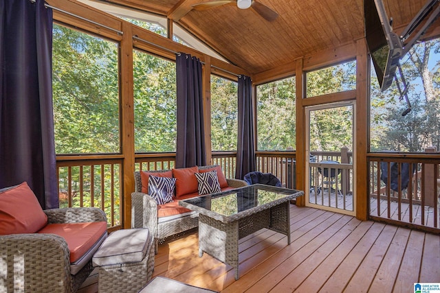 sunroom / solarium featuring vaulted ceiling with beams, ceiling fan, and wooden ceiling