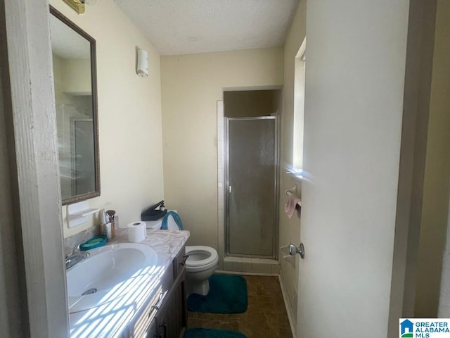 bathroom with vanity, a textured ceiling, toilet, and an enclosed shower