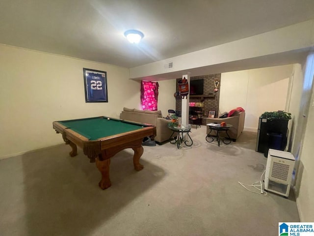 playroom featuring a fireplace, carpet flooring, heating unit, and pool table