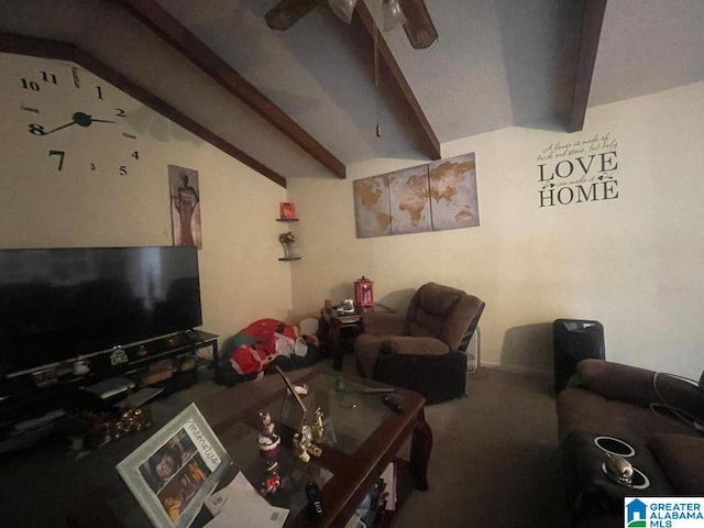 living room featuring lofted ceiling with beams