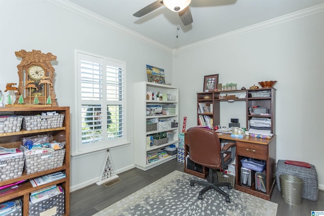 home office featuring crown molding, ceiling fan, and dark wood-type flooring